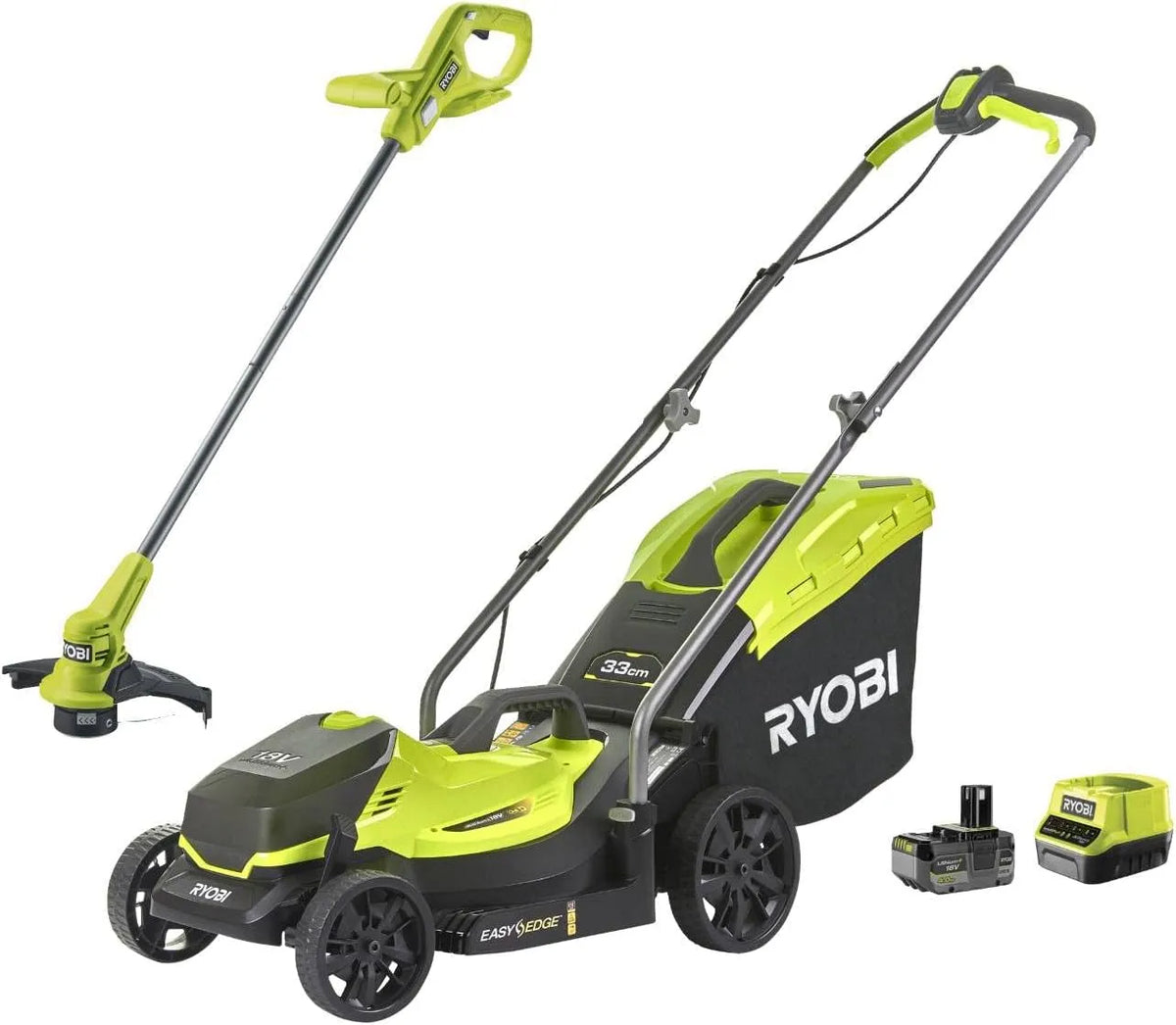 Ryobi Rasenmäher OLM1833LT23A-140, Akku inklusive. Akku-Rasentrimmer 18V 4Ah, Fassungsvermögen 35L Fangsack, Mulchen, Rasenmähen, Trimmen