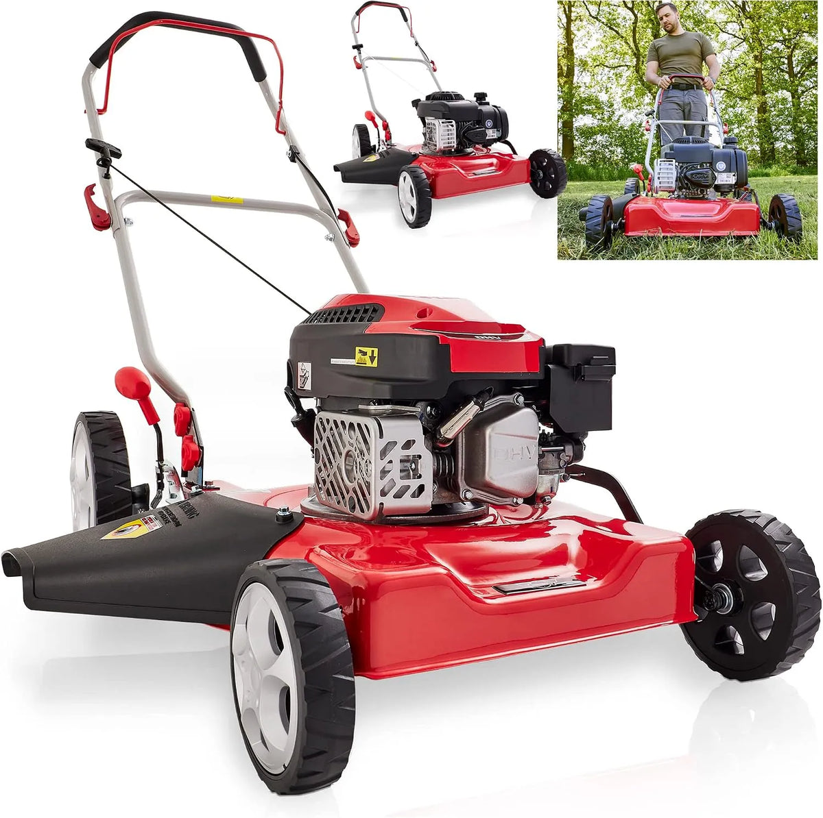Rasenmäher, HECHT 4 Takt Motor, Benzinrasenmäher mit Mulchfunktion und Seitenauswurf, Mulchen mit dem Profi, 51 cm Schnittbreite, ohne Fangkorb