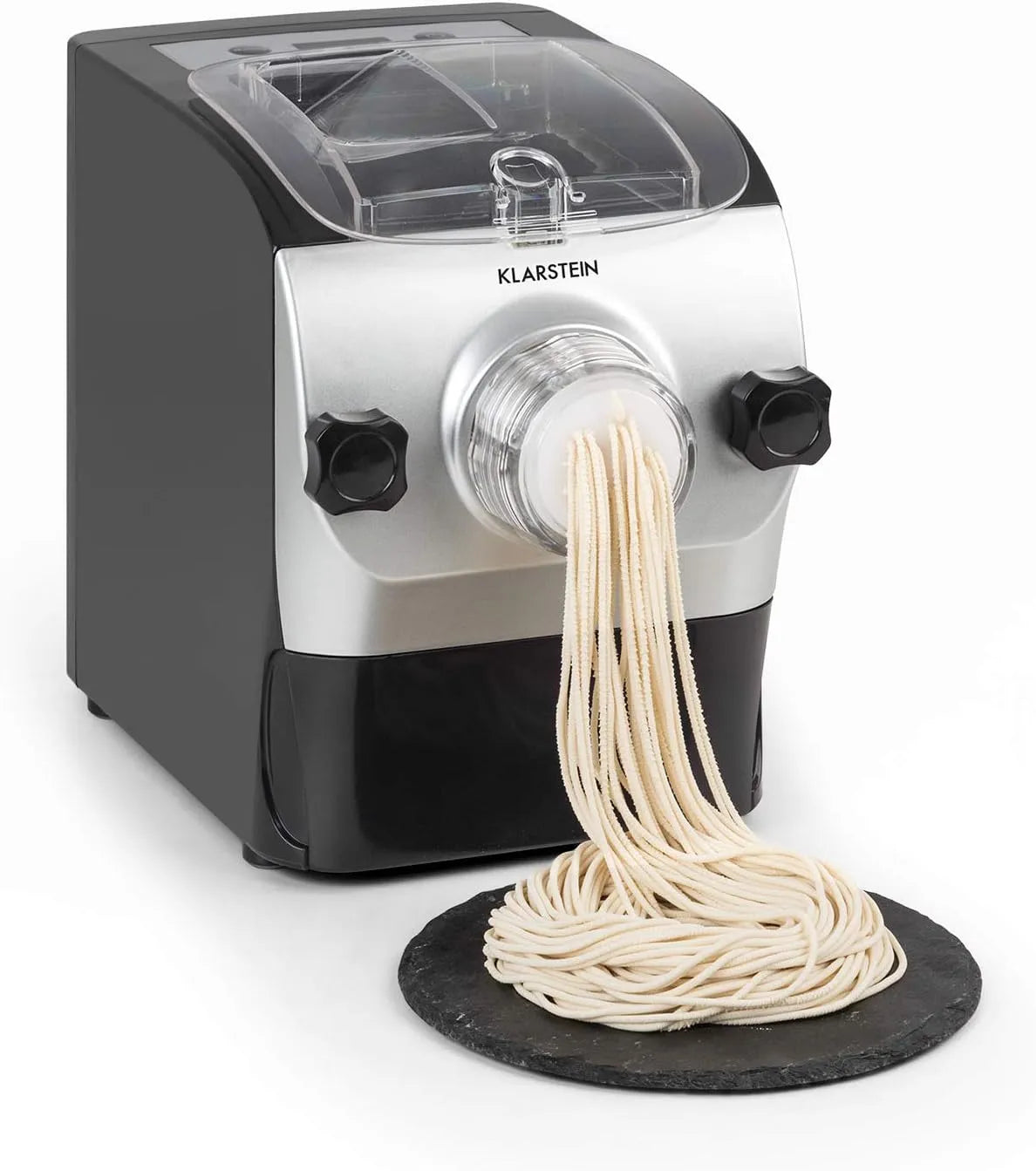 Klarstein Nudelmaschine, Leistung 260W Automatische Pastamaschine mit 7 Aufsätzen, 500g Kapazität, Leise 60dB, 3-Minuten Knetvorgang, LED-Display