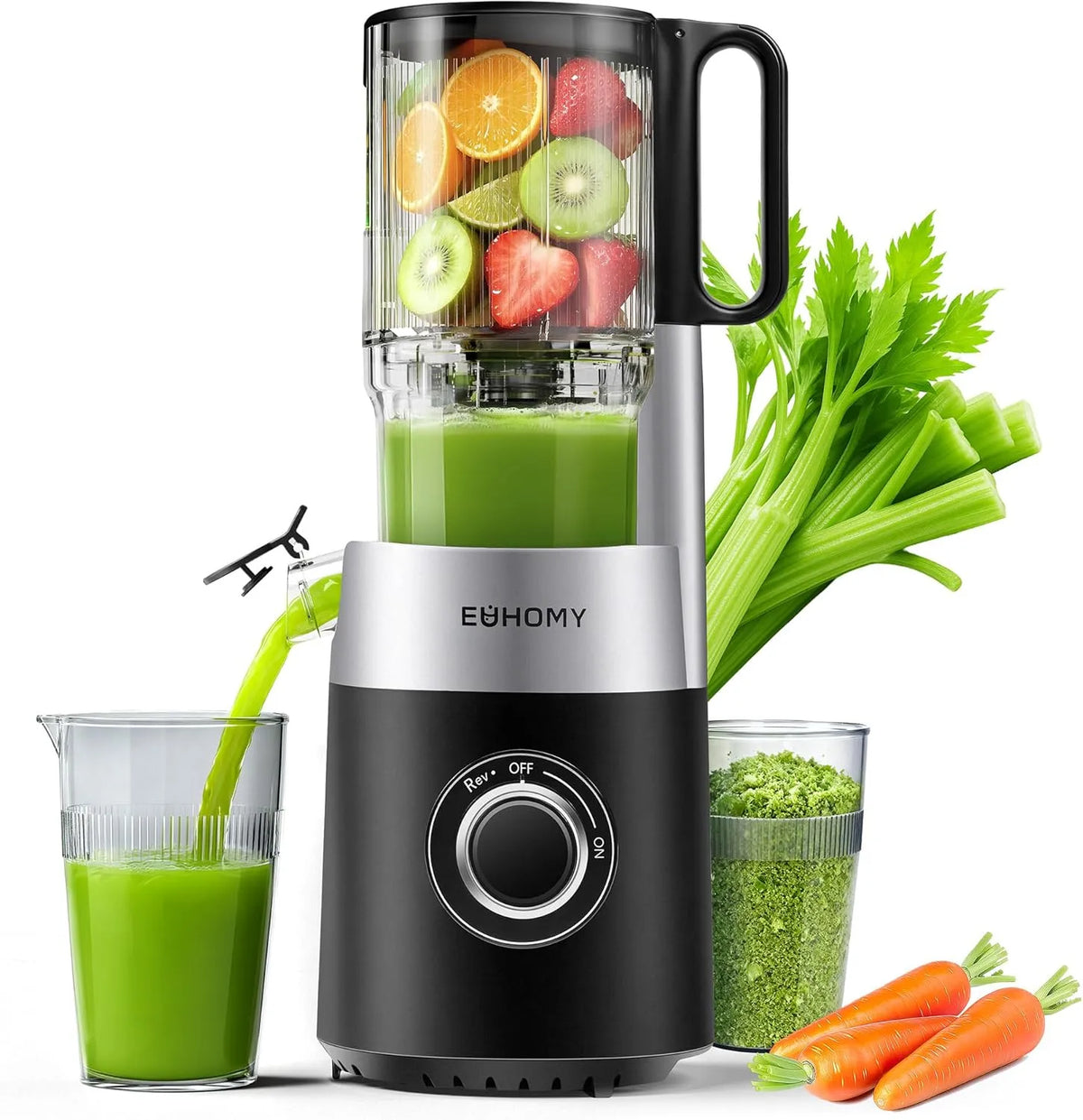 Entsafter EUHOMY, 135 mm großem Einfüllschacht 1,8 L Füllvolumen, mit 2 Gläsern, Slow Juicer für Ganze Gemüse und Obst