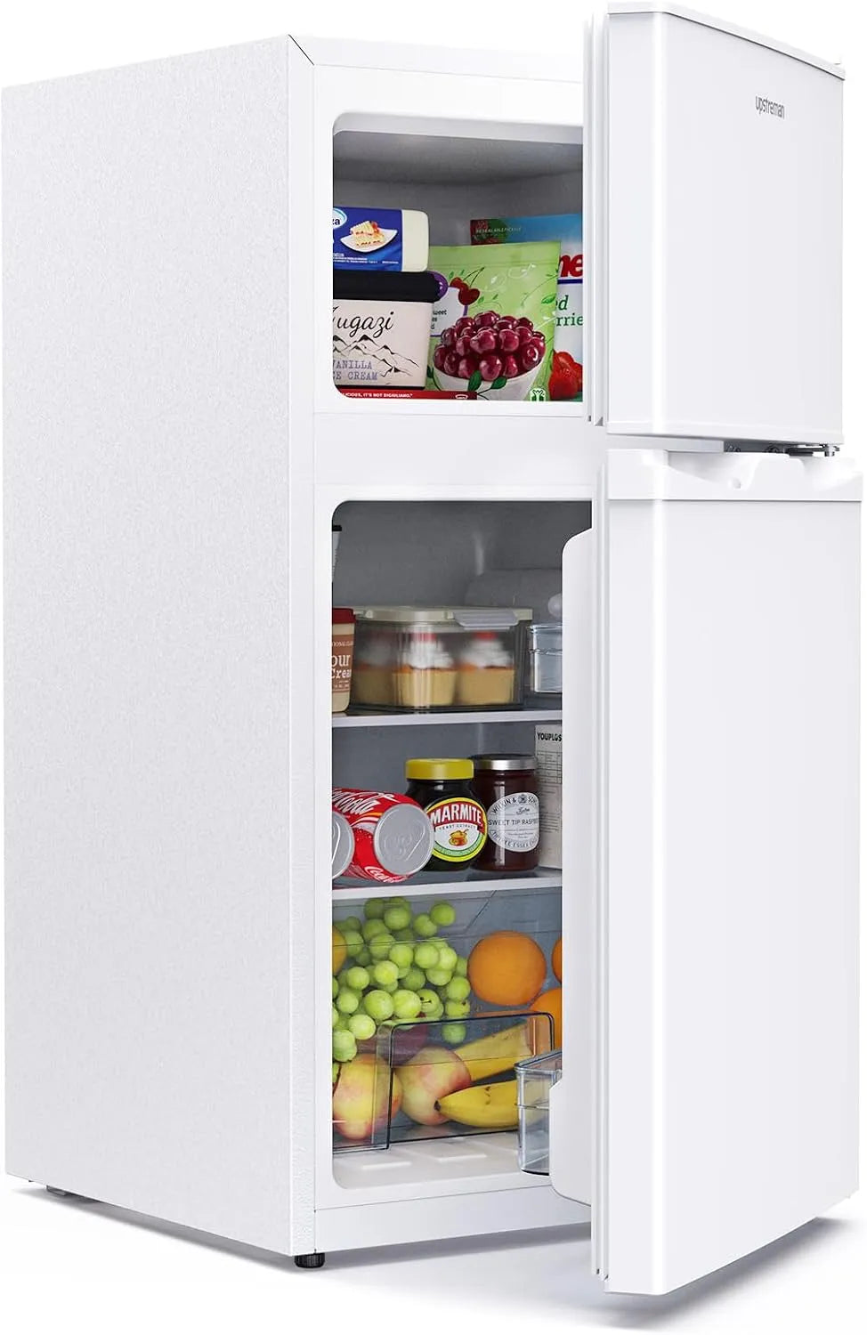 Kühlschrank TM84, Upstreman 84L Kühl Gefrierkombination, 39dB Leise und LED Beleuchtung，Kleiner mit 2 Wechselbare Tür, mit Gefrierfach oben, Weiß