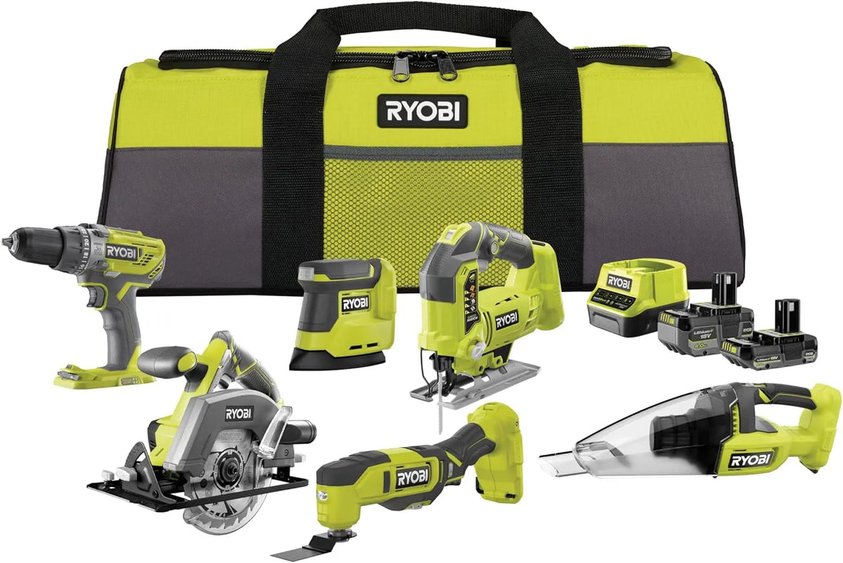 Ryobi 18V ONE+ 10-tlg, Akku-Combo-Kit mit Schlagbohrschrauber, inklusive, Ladegerät & Werkzeugtasche, Stichsäge & mehr, Akkus