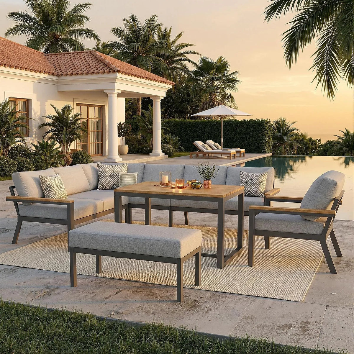 Mit Holztisch L-förmiges Gartensofa-Set, Wetterfeste Eckgarnitur aus Eisen, Bank & Holz-Arbeitsplatte, Mit grauen Polstern, inklusive. Sessel