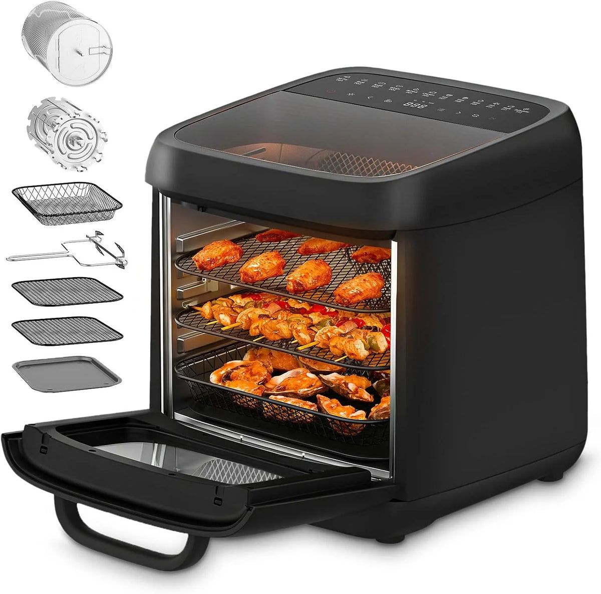 Heißluftfritteuse 12-in-1Heissluftfritteuse, Fassungsvermögen 12L, mit 8 Zubehör, Grill, in Schwarz, Backofen, 80-200°C, Dörrautomat
