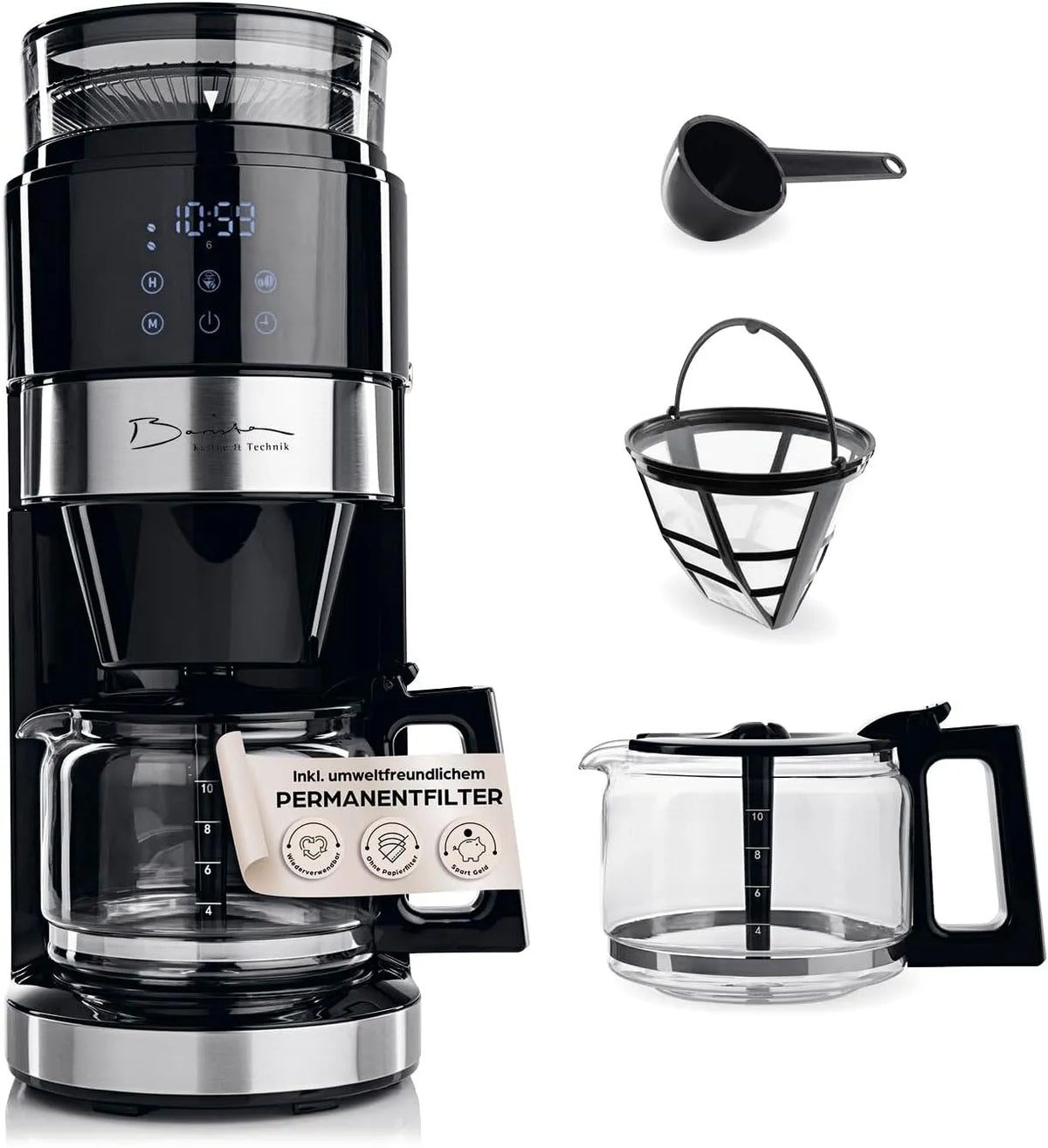 Kaffeemaschine Barista, Leistung 900W Filtermaschine mit Touchdisplay & Timerfunktion für bis zu 10 Tassen, Fassungsvermögen 1,25 Liter Kaffeekanne