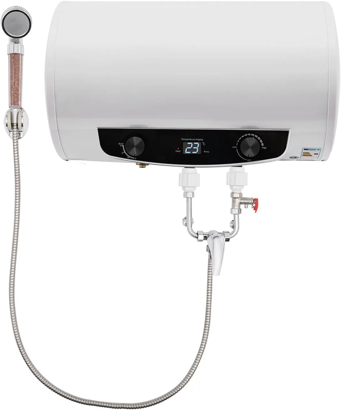 Warmwasserbereiter IPX4, Leistung 2000W Boiler mit Dusche & Wasserhahn, für Bad & Küche, Weiß, Fassungsvermögen 35L Elektrischer Warmwasserspeicher